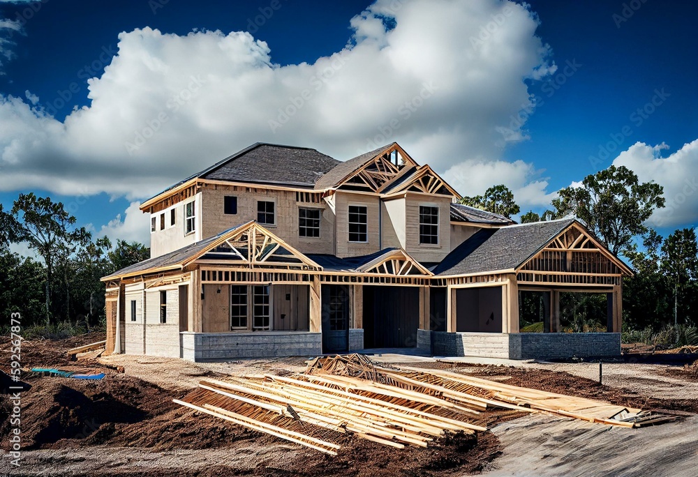 Incomplete new two story residential home under construction at wood frame under blue skies in central Florida. Generative AI