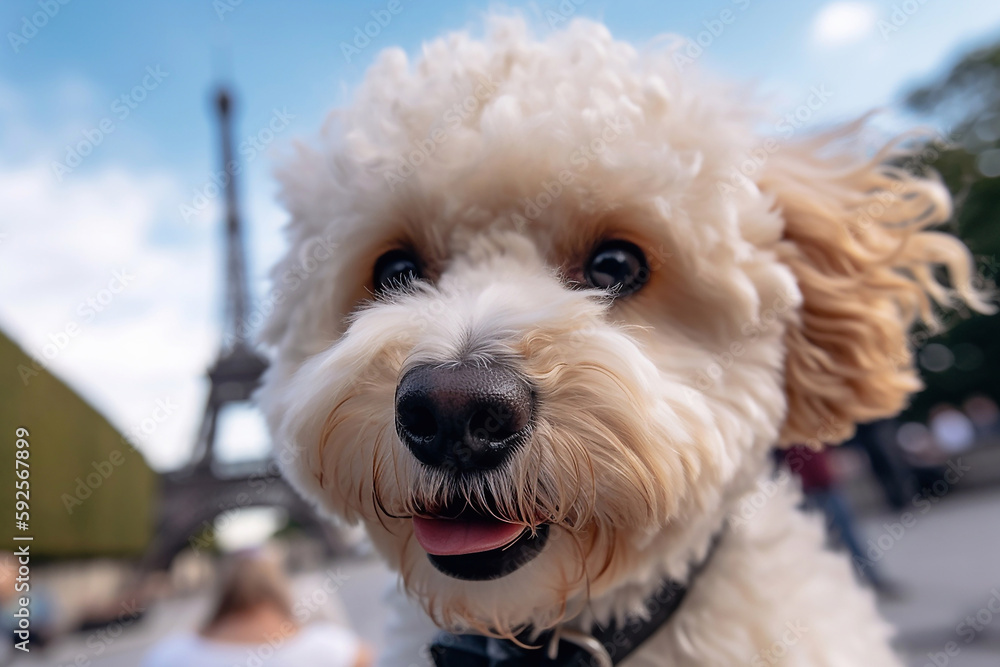 Portrait of traveler a white poodle against the backdrop of the Eiffel tower, created with Generative AI technology. Portrait of traveler a white poodle against the backdrop of the Eiffel tower, created with Generative AI technology.