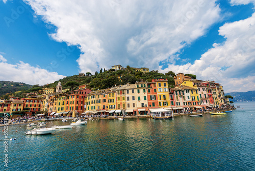 Famous village of Portofino, luxury tourist resort in Genoa Province, Liguria, Italy, Europe. Port and colorful houses, Mediterranean sea (Ligurian sea). © Alberto Masnovo