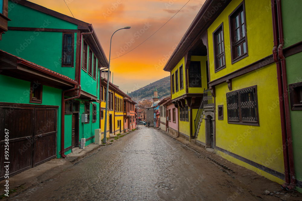 Street with traditional turkish ottoman houses in Afyonkarahisar old town. 
