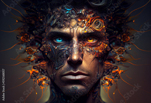 Portrait of a man made of fractal particles and mental disorder. AI genarated