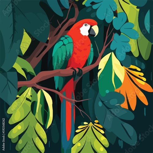 Parrot macaw in the branches of a tree in the rainforest. Tropical rainforest birds and animals. Flat vector illustration concept. Generative AI