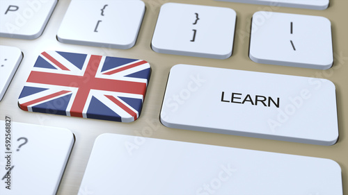 Learn British English Language Concept. Online Study Courses. Button with Text on Keyboard. 3D Illustration