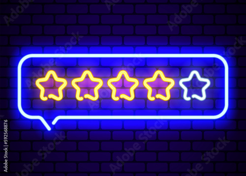 Feedback concept. Blue neon five star rating bubble on dark brick background. Editable stroke and blend.