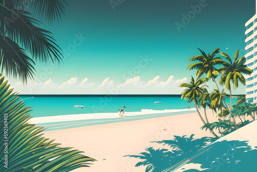 Tropical beach with palm trees  80s retro vibe.  Generative AI
