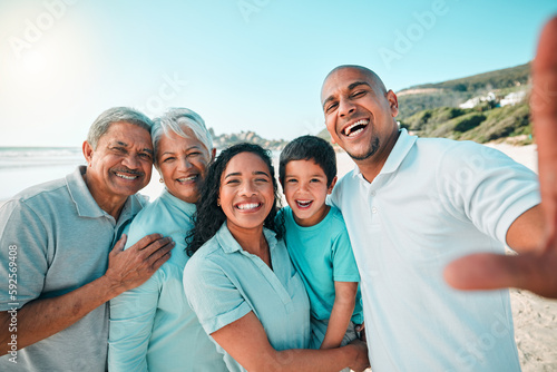 Family, outdoor and beach selfie on summer vacation with child, parents and grandparents. Men, women and boy kid portrait together in nature for travel, adventure and holiday with love and care