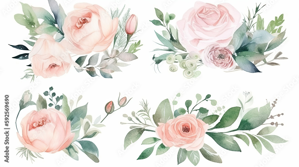 beautiful watercolor floral illustration bouquet set 2, green leaves, pink peach blush white flowers branches