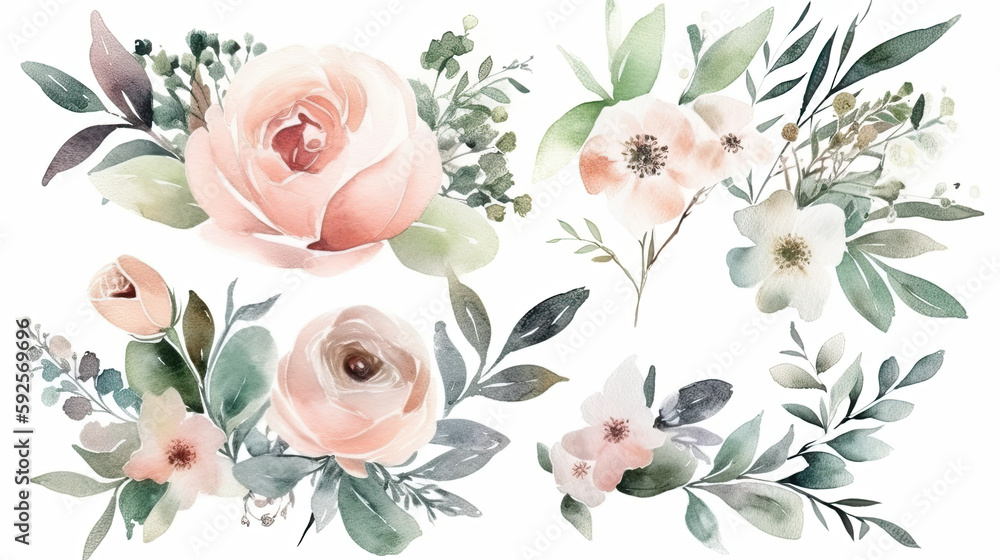 beautiful watercolor floral illustration bouquet set, green leaves, pink peach blush white flowers branches