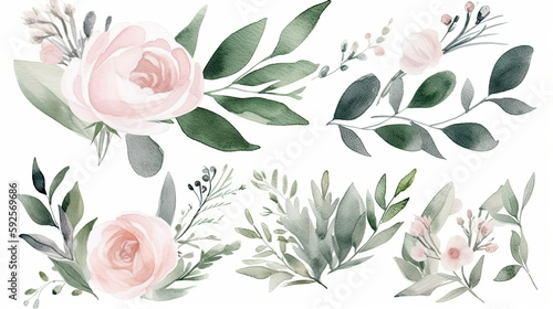 beautiful watercolor floral illustration bouquet set 3, green leaves, pink peach blush white flowers branches