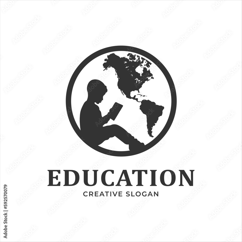 Education logo design. children reading book and globe concept