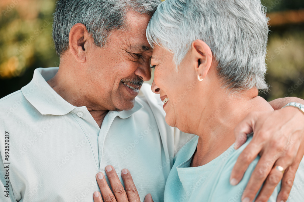 Fototapeta premium Happy senior couple, face touch and love in park, garden and outdoor with hug, care and happiness together. Elderly man, woman and retirement of marriage partner, relax and support of quality time