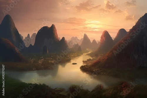 Beautiful landscape of the river between the mountains at sunset. Generative AI