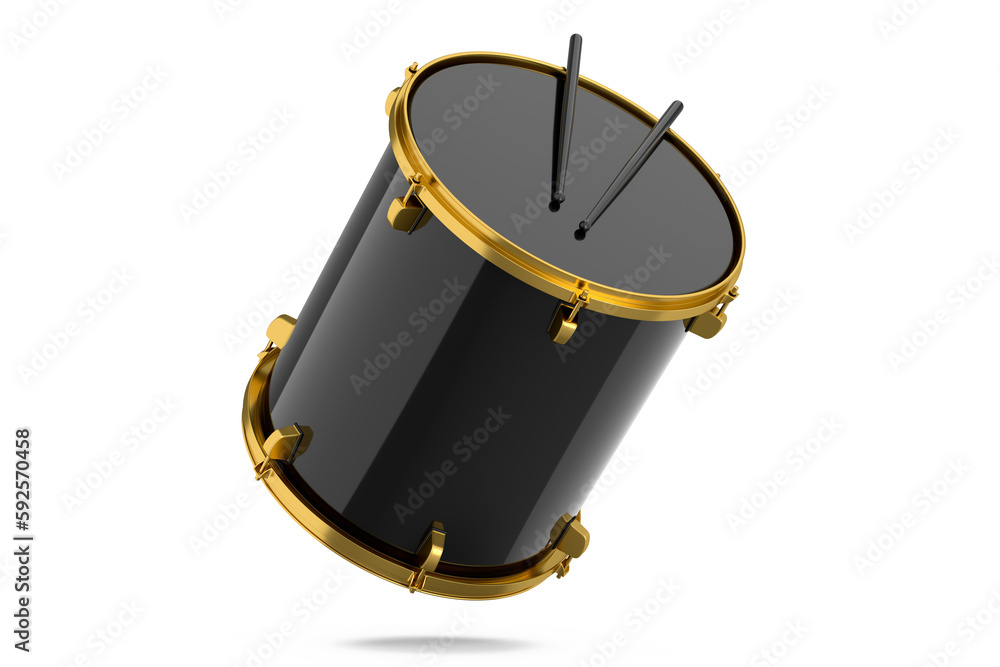 Realistic drum and wooden drum sticks on white. 3d render of musical instrument Realistic drum and wooden drum sticks on white. 3d render of musical instrument
