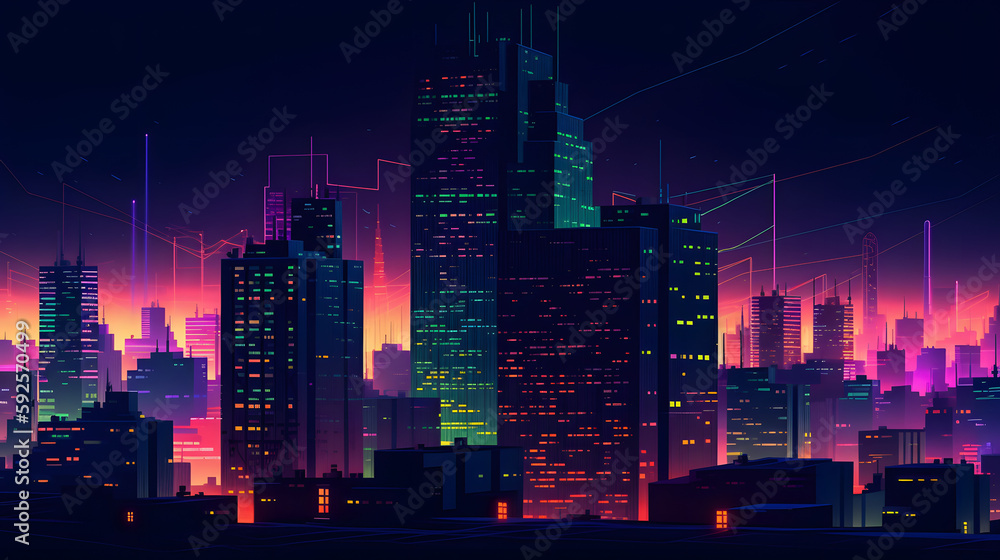 8-bit style, city, night, neon light, 4k