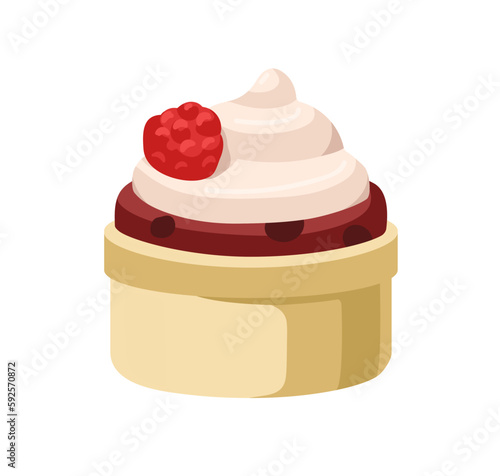 Cupcake, sweet chocolate dessert with cream swirl and berry. Small muffin cake in bakery cup with buttercream and raspberry decor. Yummy pastry. Flat vector illustration isolated on white background