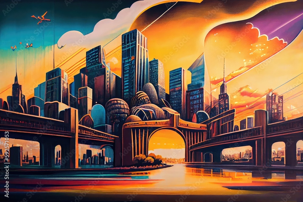 graffiti mural, depicting urban cityscape and featuring landmarks such ...