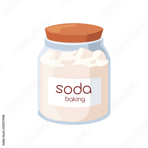 Baking soda in glass jar, closed with wooden lid. Sodium bicarbonate, cooking powder. Alkaline, antacid bicarb in transparent container. Flat vector illustration isolated on white background