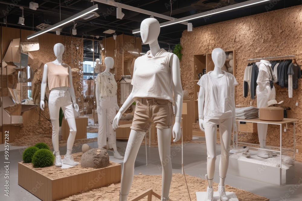 fast fashion store, with mannequins wearing latest trends and recycled ...