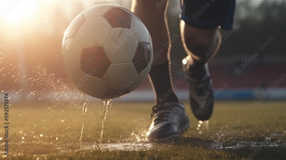 the football player's foot hits the ball in the rain. Generative AI