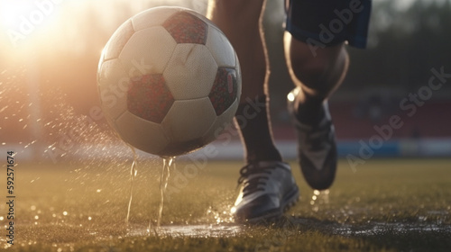 the football player's foot hits the ball in the rain. Generative AI © Артур Комис