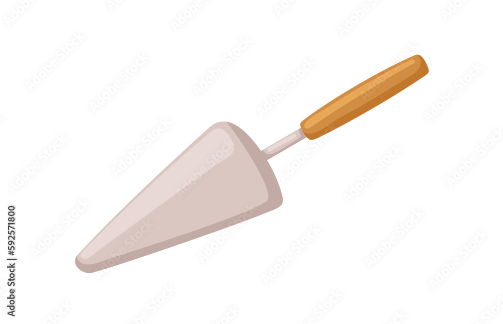 Metal spatula for serving cake. Kitchen tool, culinary utensil for confectionery. Stainless steel triangle-shaped kitchenware, accessory. Flat cartoon vector illustration isolated on white background