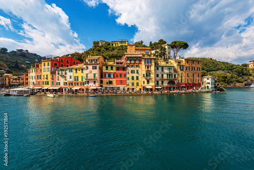 Famous village of Portofino, luxury tourist resort in Genoa Province, Liguria, Italy, Europe. Port and colorful houses, Mediterranean sea (Ligurian sea). © Alberto Masnovo