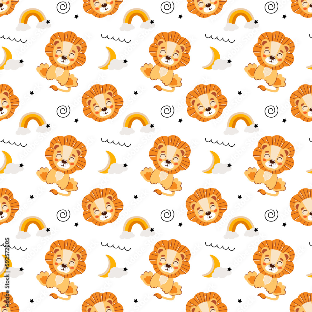 Cute kids seamless animal pattern. Lion cub pattern in the clouds. Print on fabric, paper and design. Vector illustration