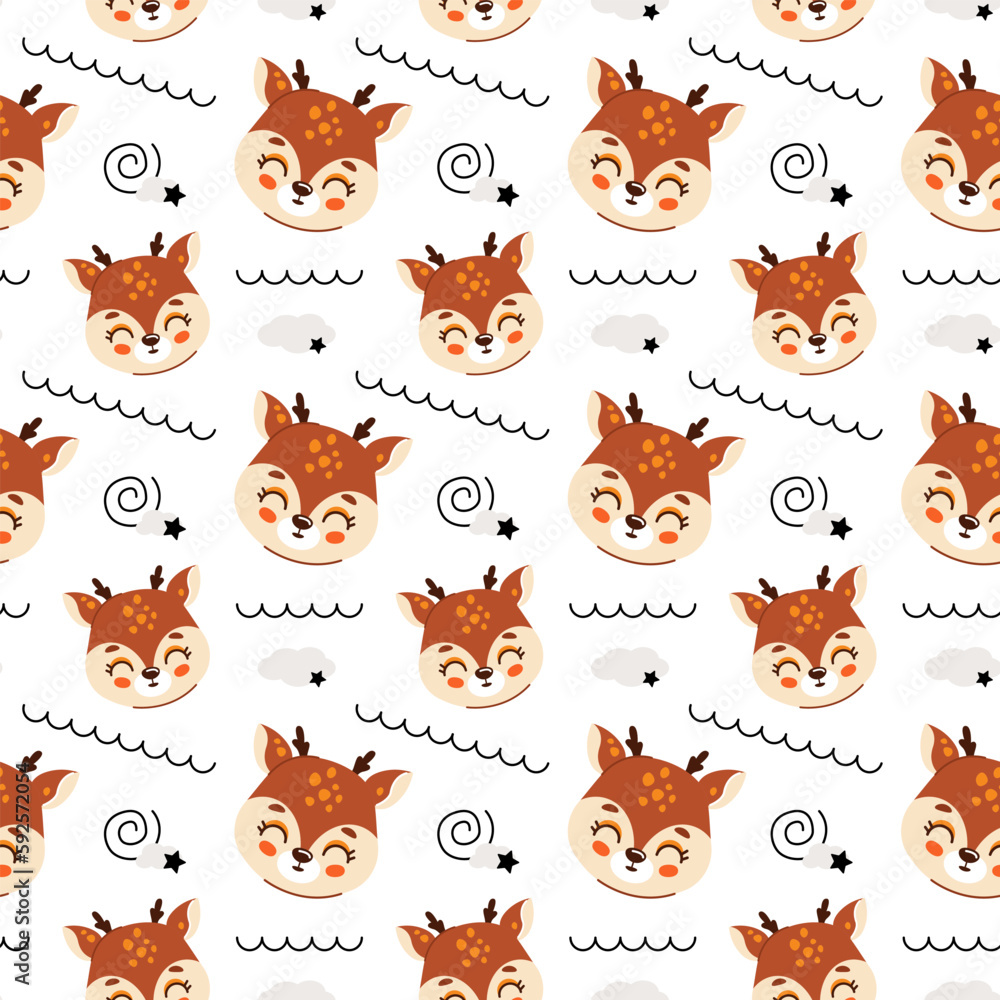 Cute kids seamless animal pattern. Deer pattern in the clouds. The concept of sleep. Print on fabric, paper and design. Vector illustration Cute kids seamless animal pattern. Deer pattern in the clouds. The concept of sleep. Print on fabric, paper and design. Vector illustration