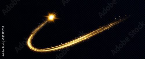 Golden glowing swirl. Light speed motion effect. Light trail. Shiny wavy path. Vector.