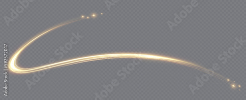 Golden glowing swirl. Light speed motion effect. Light trail. Shiny wavy path. Vector.