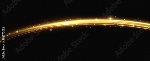 Golden glowing swirl. Light speed motion effect. Light trail. Shiny wavy path. Vector.