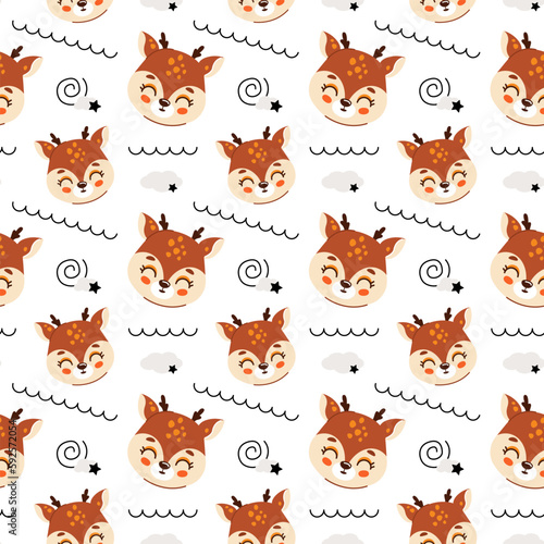 Cute kids seamless animal pattern. Deer pattern in the clouds. The concept of sleep. Print on fabric, paper and design. Vector illustration