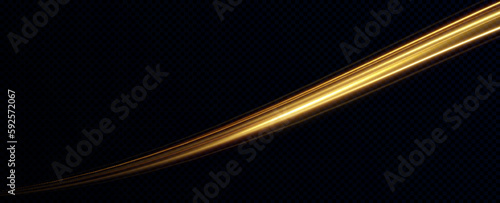 Golden glowing swirl. Light speed motion effect. Light trail. Shiny wavy path. Vector.
