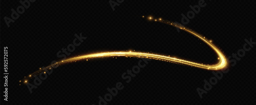 Golden glowing swirl. Light speed motion effect. Light trail. Shiny wavy path. Vector.