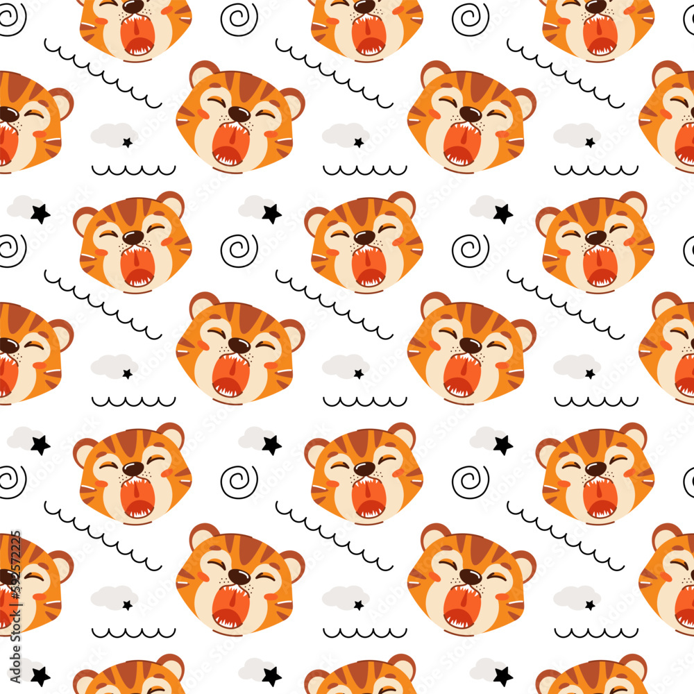 Obraz premium Cute kids seamless animal pattern. Drawing of a tiger cub. The concept of sleep. Printing on fabric, paper and design. Vector illustration