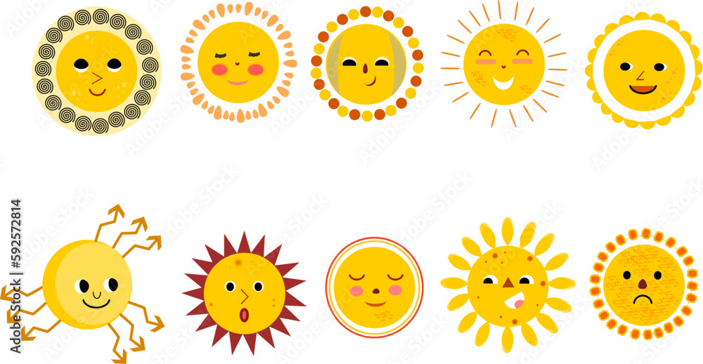 Cute sun flat vector illustration set. Yellow childish sunny emoticon collection. Smiling sun with sunbeams cartoon character isolated on white background. T shirt print design element. Cute sun flat vector illustration set. Yellow childish sunny emoticon collection. Smiling sun with sunbeams cartoon character isolated on white background. T shirt print design element.