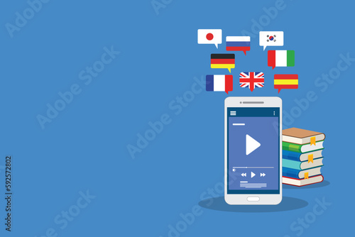 Learning Foreign Language Courses. Smartphone with Educational App.