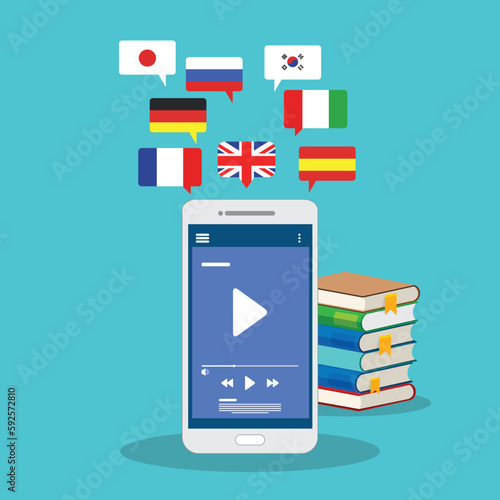 Learning Foreign Language Courses. Smartphone with Educational App.