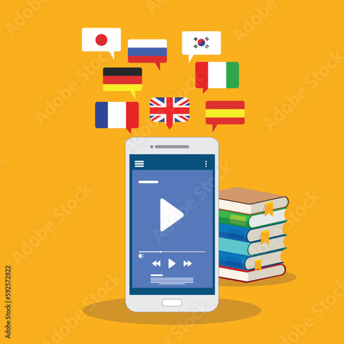 Learning Foreign Language Courses. Smartphone with Educational App.