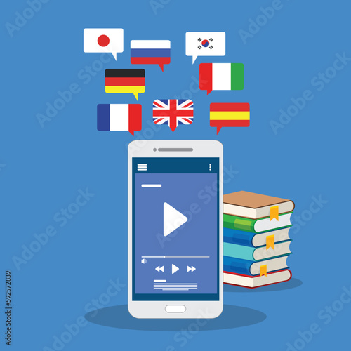 Learning Foreign Language Courses. Smartphone with Educational App.