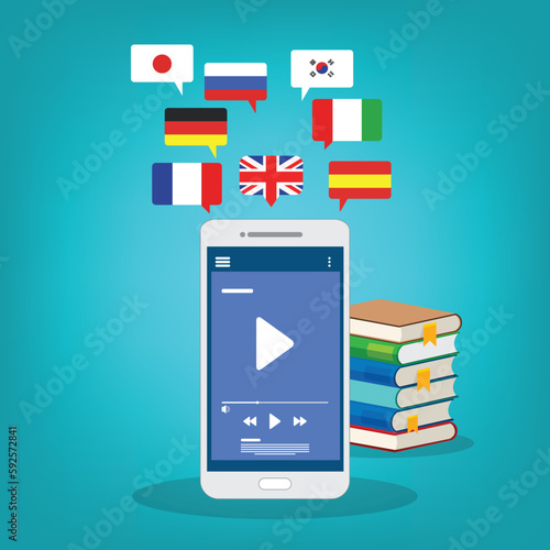 Learning Foreign Language Courses. Smartphone with Educational App.