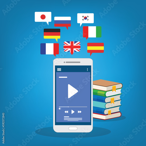 Learning Foreign Language Courses. Smartphone with Educational App.