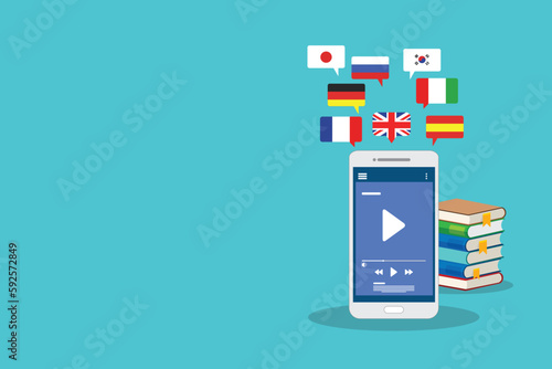 Learning Foreign Language Courses. Smartphone with Educational App.
