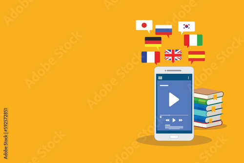 Learning Foreign Language Courses. Smartphone with Educational App.