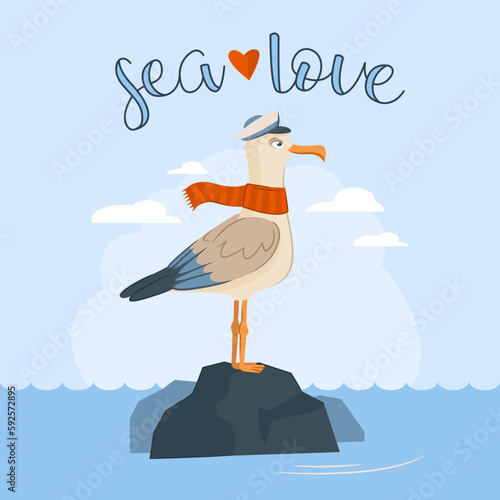 A cute funny sea or ocean bird in captains clothes stands on a rock and looks into the distance. Vector cartoon illustration
