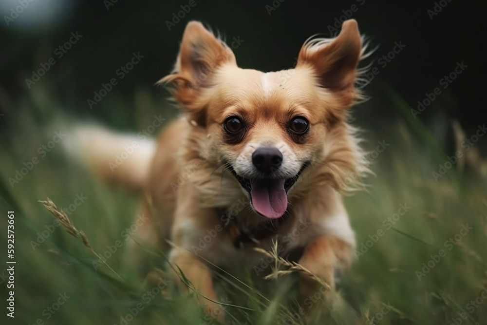 Running Dog in Meadow. Cute Pet on Green Field Background Running Dog in Meadow. Cute Pet on Green Field Background