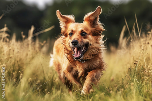 Running Dog in Meadow. Cute Pet on Green Field Background