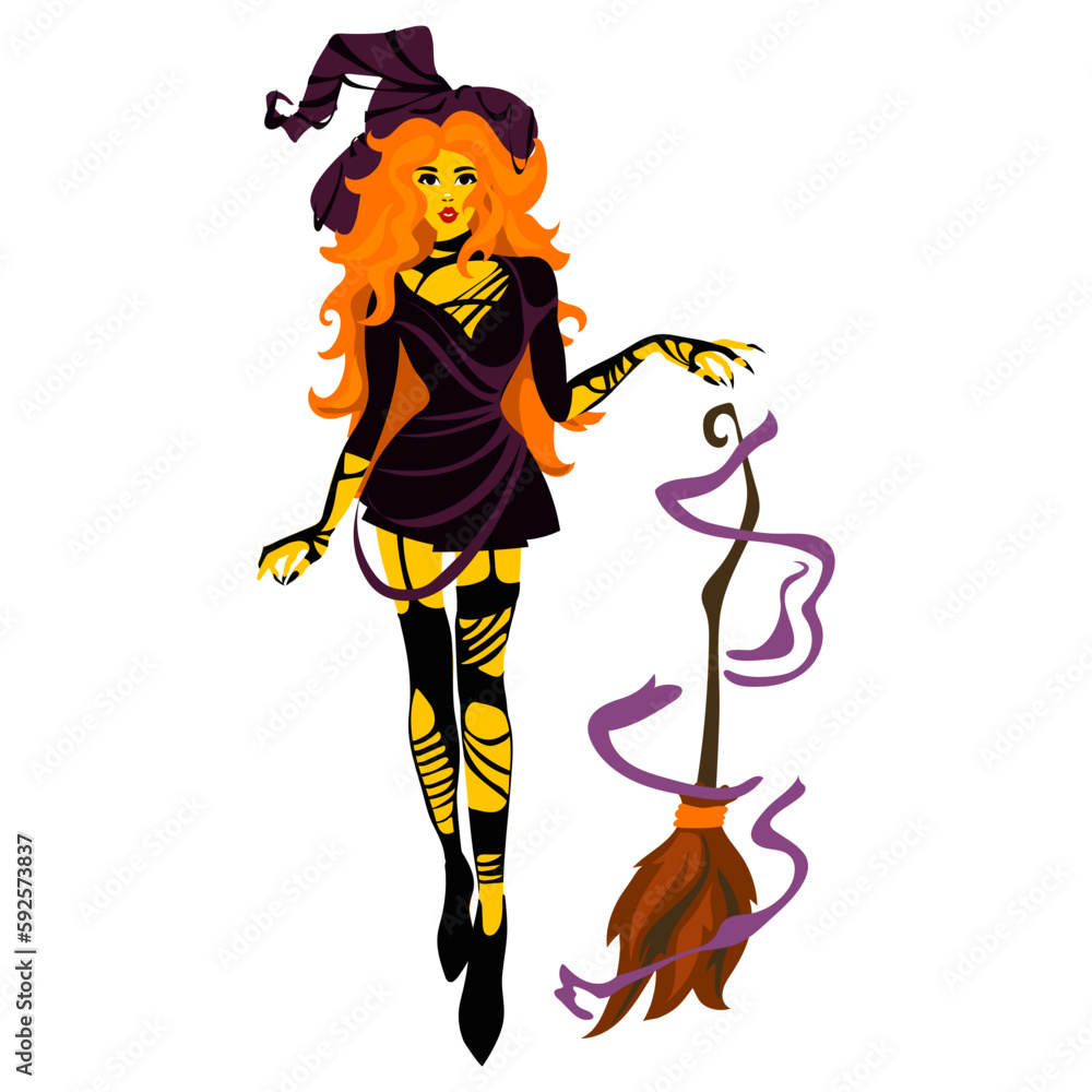 A beautiful young yellow witch with magic skills and a flying broom in the air. Halloween costume concept. Modern vector illustration, hand-drawn. Templates of posters, stickers for the holiday A beautiful young yellow witch with magic skills and a flying broom in the air. Halloween costume concept. Modern vector illustration, hand-drawn. Templates of posters, stickers for the holiday