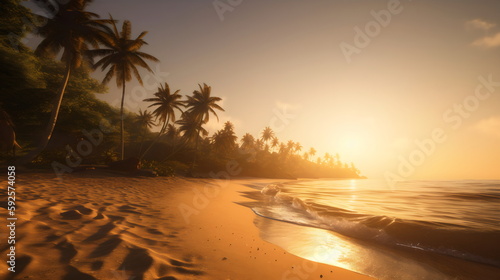 golden hour beach: serene tropical morning with warm sunrise, gentle waves, swaying palm trees. Wide-angle lens captures vastness and spreading sun rays. generative ai © Akash