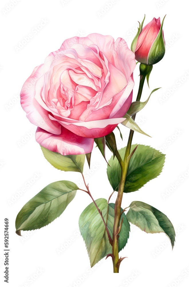 Beautiful pink rose flower. Watercolor cream rose isolated on white background. Generative AI.